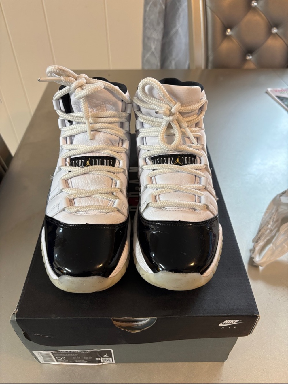 Jordan Kids White and Black High-Top Sneakers with Patent Toe